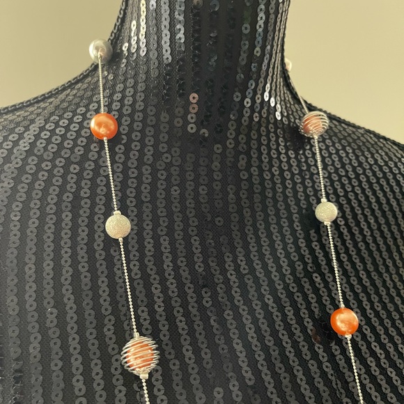 Orange & Silver Toned Large Bead Necklace - Picture 2 of 4